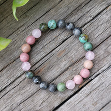 Load image into Gallery viewer, Handmade Natural Rhodonite, African Turquoise, Rose Quartz, and Black Labradorite Stone Bracelet
