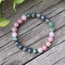 Load image into Gallery viewer, Handmade Natural Rhodonite, African Turquoise, Rose Quartz, and Black Labradorite Stone Bracelet
