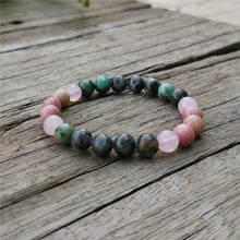 Load image into Gallery viewer, Handmade Natural Rhodonite, African Turquoise, Rose Quartz, and Black Labradorite Stone Bracelet
