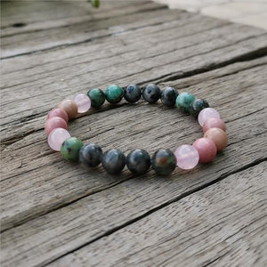 Handmade Natural Rhodonite, African Turquoise, Rose Quartz, and Black Labradorite Stone Bracelet