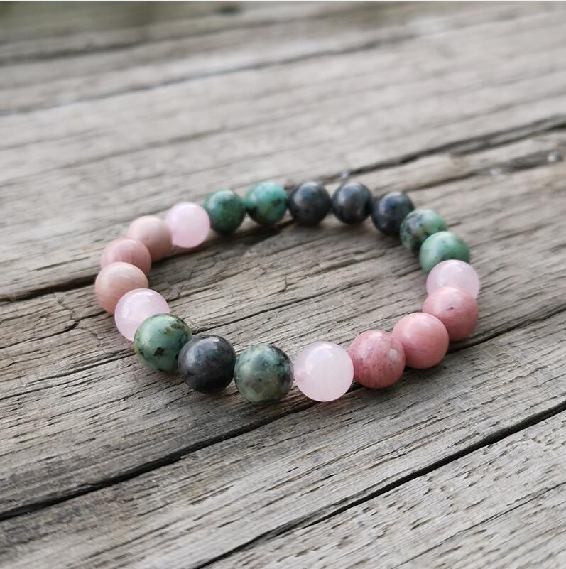 Handmade Natural Rhodonite, African Turquoise, Rose Quartz, and Black Labradorite Stone Bracelet