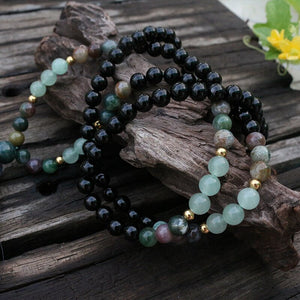 Handmade Natural Black Onyx, Indian Agate, and Aventurine Mala