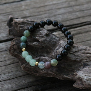 Handmade Natural Black Onyx, Indian Agate, and Aventurine Mala