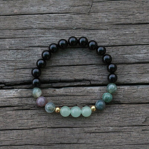 Handmade Natural Black Onyx, Indian Agate, and Aventurine Mala