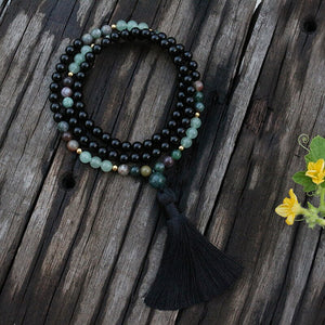 Handmade Natural Black Onyx, Indian Agate, and Aventurine Mala