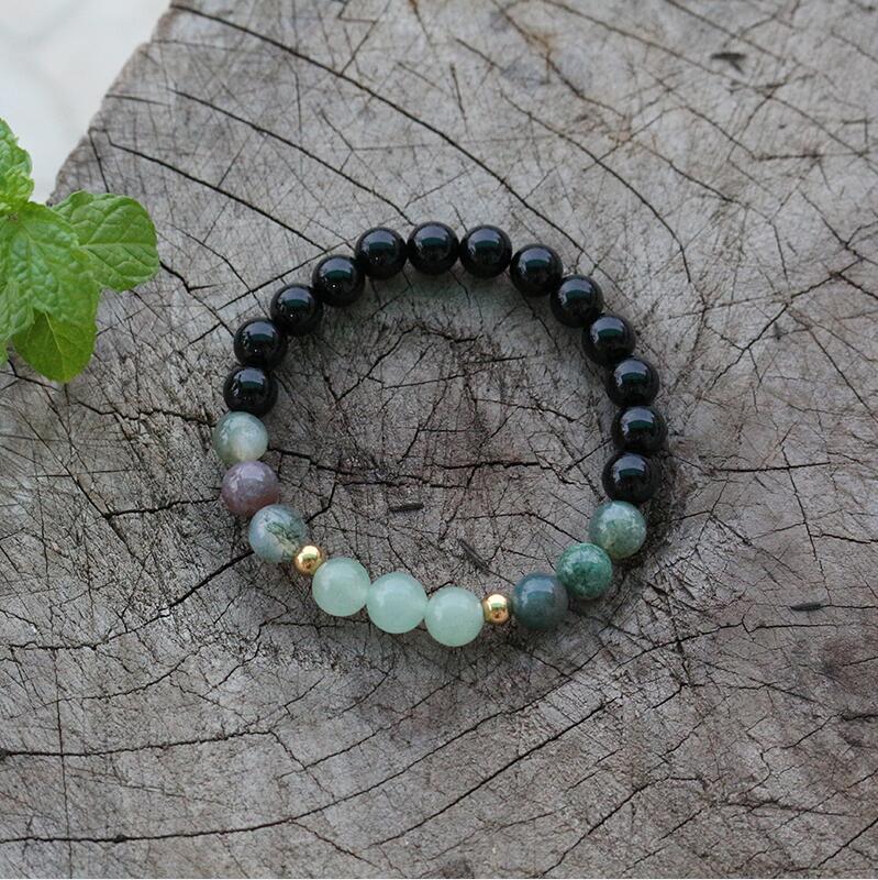 Handmade Natural Black Onyx, Indian Agate, and Aventurine Mala