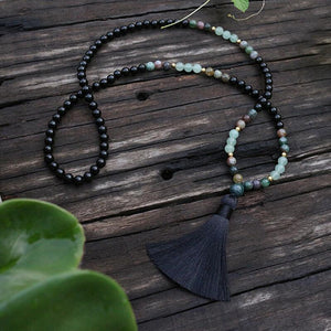 Handmade Natural Black Onyx, Indian Agate, and Aventurine Mala