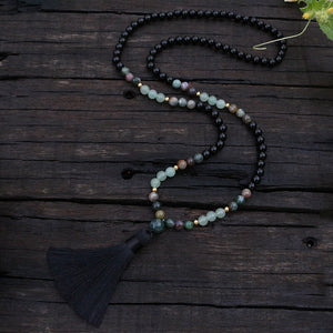 Handmade Natural Black Onyx, Indian Agate, and Aventurine Mala