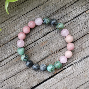 Handmade Natural Rhodonite, African Turquoise, Rose Quartz, and Black Labradorite Stone Bracelet