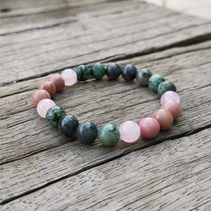 Handmade Natural Rhodonite, African Turquoise, Rose Quartz, and Black Labradorite Stone Bracelet