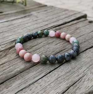 Handmade Natural Rhodonite, African Turquoise, Rose Quartz, and Black Labradorite Stone Bracelet