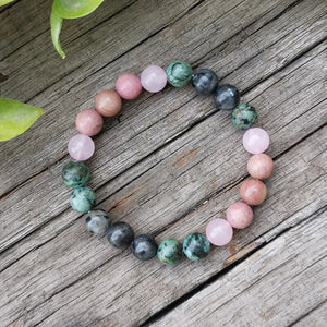 Handmade Natural Rhodonite, African Turquoise, Rose Quartz, and Black Labradorite Stone Bracelet