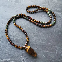 Load image into Gallery viewer, Handmade Tigers Eye Pendant with African Turquoise, and Bronzite Mala
