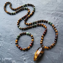 Load image into Gallery viewer, Handmade Tigers Eye Pendant with African Turquoise, and Bronzite Mala
