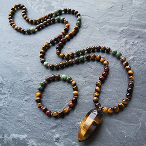 Handmade Tigers Eye Pendant with African Turquoise, and Bronzite Mala