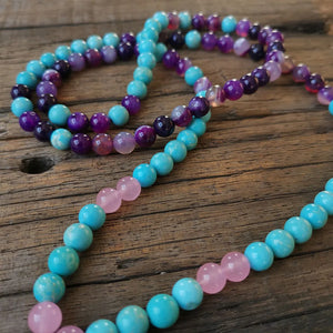 Handmade Turquoise and Dyed Purple Onyx with Turquoise Pendant Mala