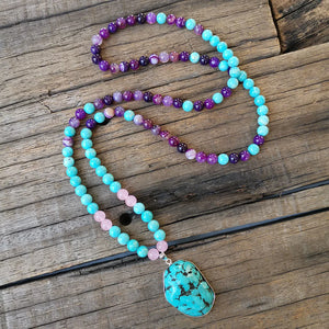 Handmade Turquoise and Dyed Purple Onyx with Turquoise Pendant Mala