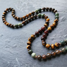 Load image into Gallery viewer, Handmade Tigers Eye Pendant with African Turquoise, and Bronzite Mala
