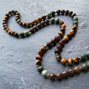 Handmade Tigers Eye Pendant with African Turquoise, and Bronzite Mala