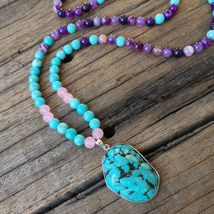 Handmade Turquoise and Dyed Purple Onyx with Turquoise Pendant Mala