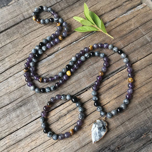 Amethyst, Black Labradorite, and Tigers Eye Mala