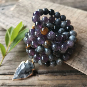 Amethyst, Black Labradorite, and Tigers Eye Mala