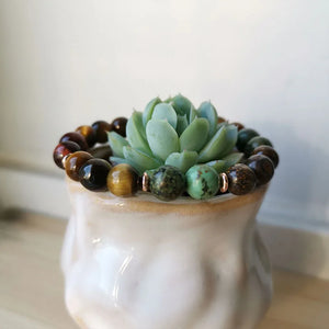 Handmade Tigers Eye Pendant with African Turquoise, and Bronzite Mala