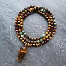 Load image into Gallery viewer, Handmade Tigers Eye Pendant with African Turquoise, and Bronzite Mala
