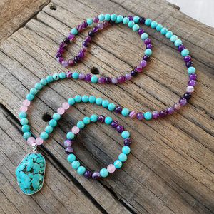 Handmade Turquoise and Dyed Purple Onyx with Turquoise Pendant Mala