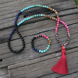 Handmade Rhodochrosite, Lapis, Onyx, and Blue Turquoise Mala