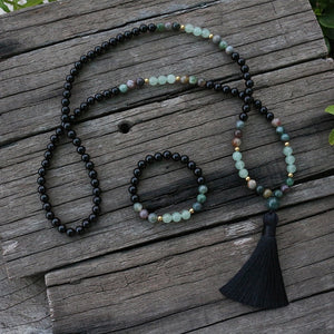 Handmade Natural Black Onyx, Indian Agate, and Aventurine Mala