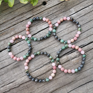 Handmade Natural Rhodonite, African Turquoise, Rose Quartz, and Black Labradorite Stone Bracelet